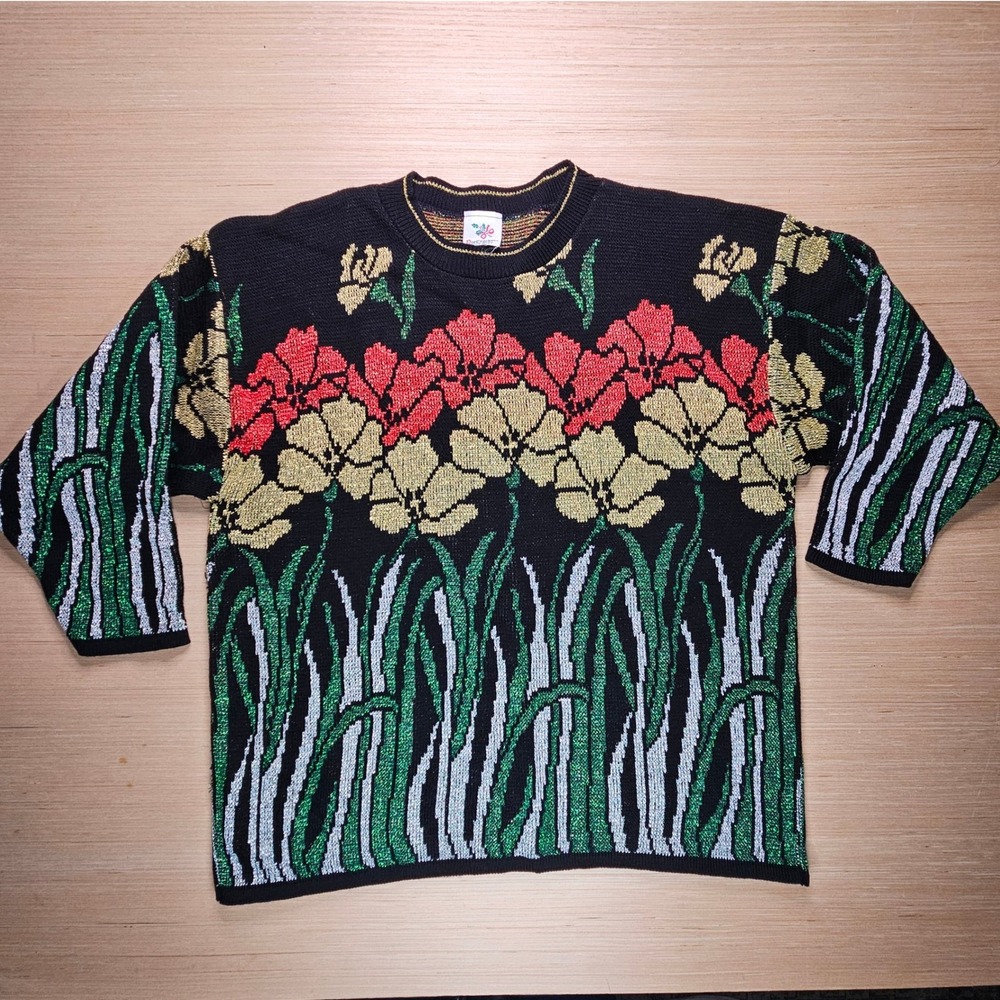 Nutcracker Poinsettia Christmas Sweater Size 1X Black Floral Grass Lurex Women‎